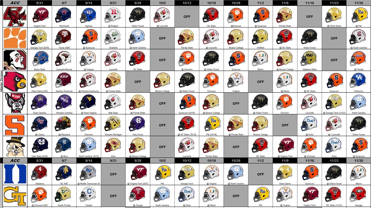 2022 ACC Football Helmet Schedule Printable