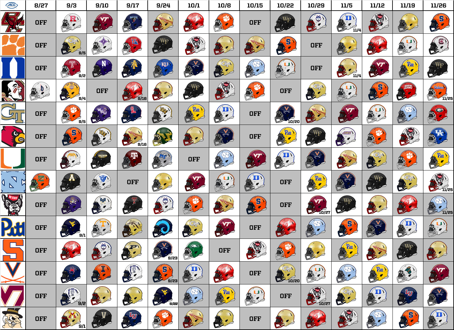 DOWNLOAD: Updated 2022 ACC Football Helmet Schedule | Inside Pack Sports